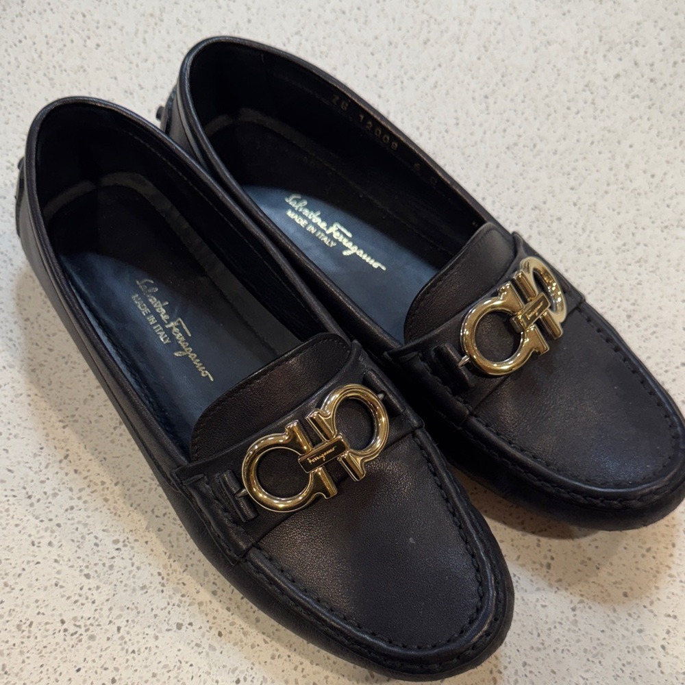 Salvatore Ferragamo Black Loafers with Gold Buckle